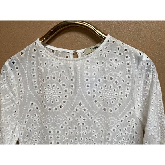 Pippidip Dress Eyelet Lace Mini Dress Scalloped Hemline and Sleeves size Medium - Picture 6 of 11